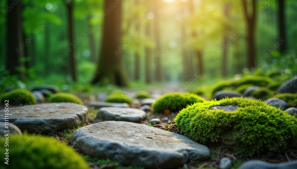 Poster closeup view of mossy stones. green moss grows on flat gray stones. pathway in forest. sunlight filt
