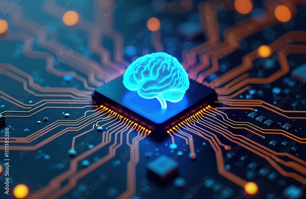 Fototapete futuristic digital brain graphic on tech chip. innovative ai concept. cybernetics future. smart tech