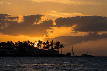 Sunset with palm trees at Key West, Florida on ocean