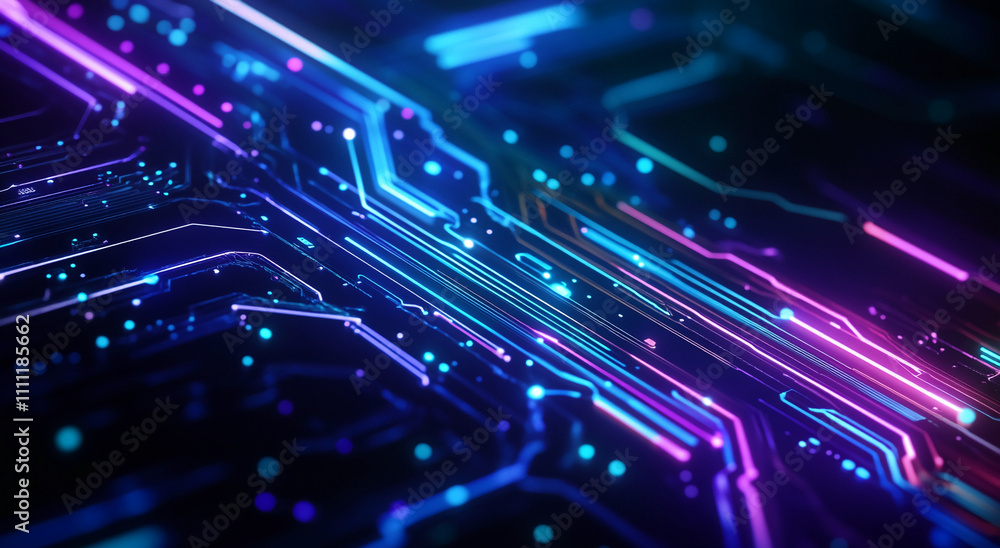 Poster Abstract view of glowing circuit board details highlighting vibrant colors and intricate patterns in digital technology context