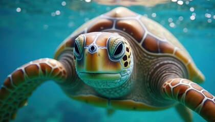 Fototapeta premium Close-up view of sea turtle swimming in clear turquoise water. Turtle seen from front perspective. Shell vividly patterned with brown, light yellow hues. Water clear, vibrantly blue. Turtle focused