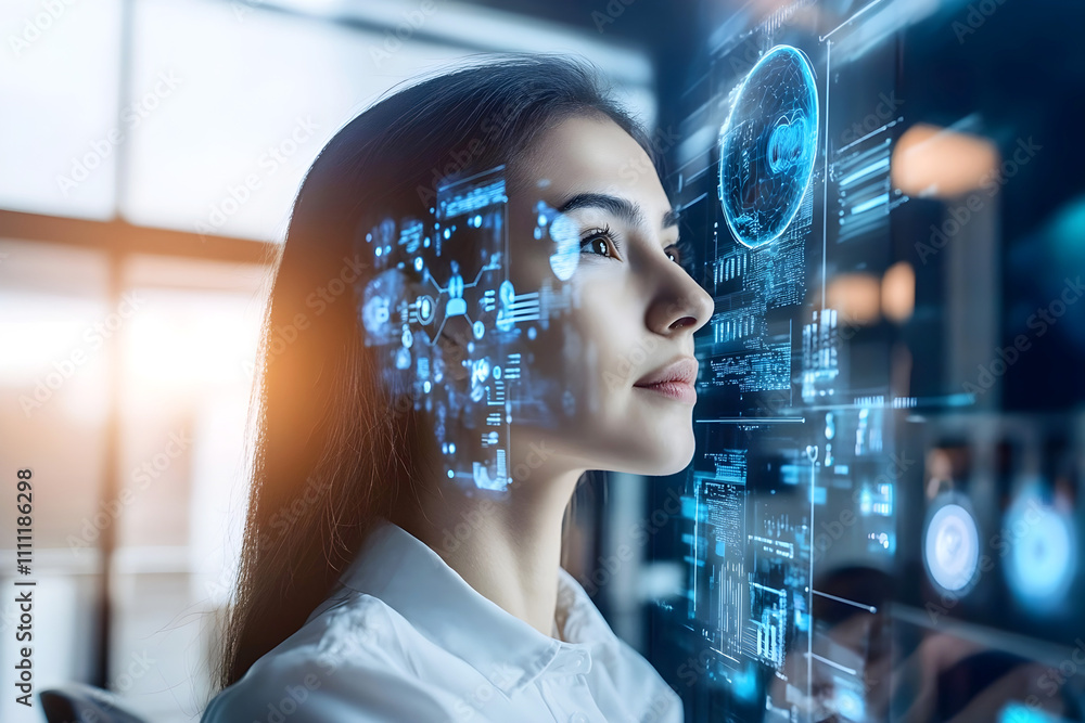 Aufkleber woman interacting with a futuristic digital interface, analyzing holographic data and technology gra