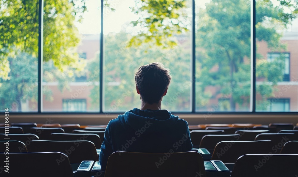 Poster young caucasian student sitting in an empty university lecture hall with big window to park