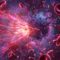 Microscopic view of virus destruction, vibrant colors, red blood cells.