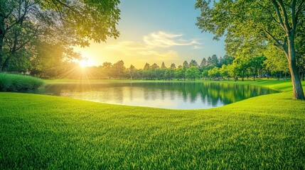 Obraz premium Tranquil Park Oasis, a peaceful green expanse with lush lawns, a serene pond, perfect for leisurely picnics and moments of outdoor relaxation amidst nature's beauty.