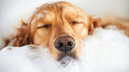 A relaxed dog enjoying a soothing shampoo bath in a pet spa, creating rich foam and bubbles.