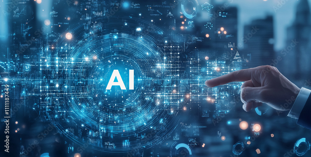 Poster Gesture of a hand interacting with an abstract representation of artificial intelligence in an urban environment