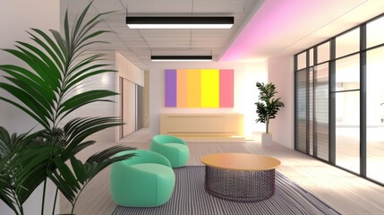 Fototapeta premium Modern Y2K-Inspired Office Space with Colorful Accessories and Vibrant Lighting for Productivity
