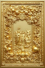 Fototapeta premium Ornate gilded frame, figures, fruit, flowers.