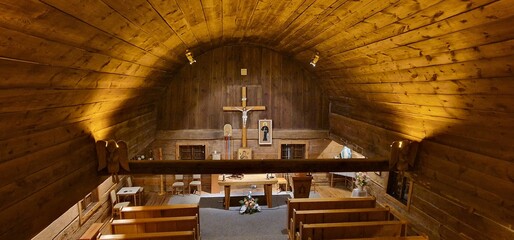 A wooden church made entirely of wood inside and facade made entirely of wood in Poland