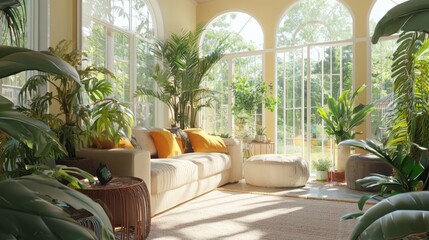 Sunlit Y2K Sunroom Oasis with Eclectic Furniture and Lush Greenery | Ultra-Detailed Vibrant Home Decor