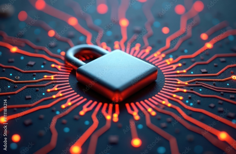 Poster digital lock protects online data. secure tech system safeguards info. modern tech illustration show