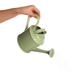 Female hand with watering can isolated on white background