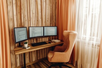 Cosy home office with wooden table, leather chair and panoramic window