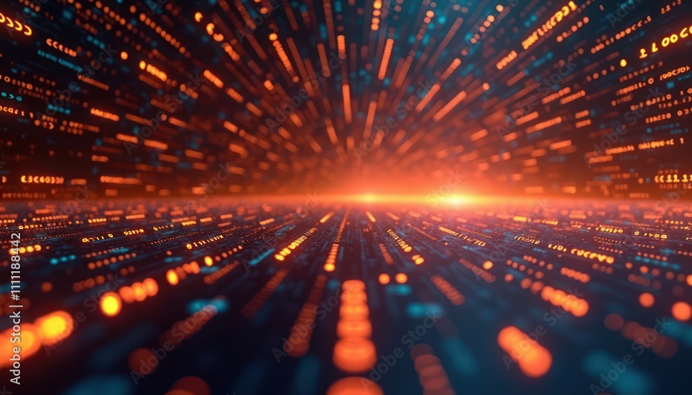 Poster advanced tech background shows data transmission in cyberspace. binary code, ai concepts create futu