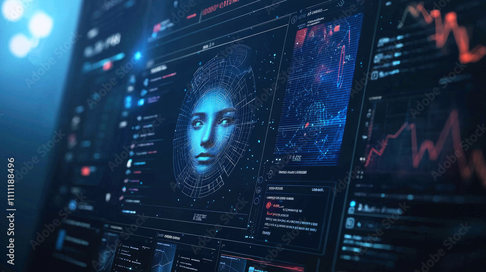 Poster female face with digital biometric data on computer screen, facial recognition system, modern ai tec