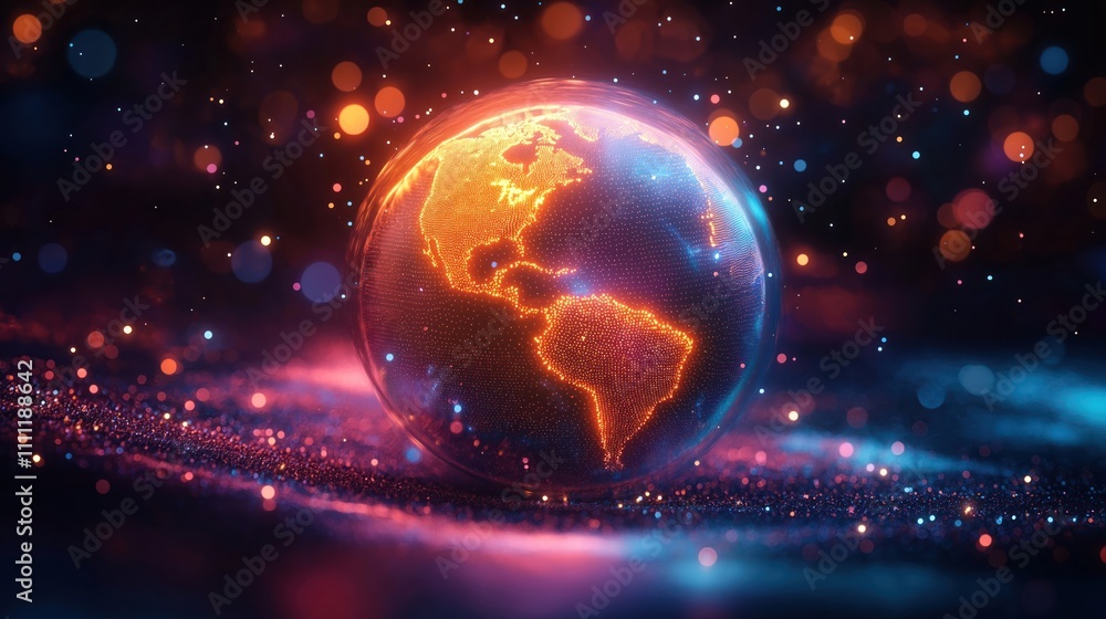 Poster Global digital communication sphere glows with vibrant energy. World map illuminated by glowing points. Tech innovation, collaboration concept. Global network connections visualized. Artistic