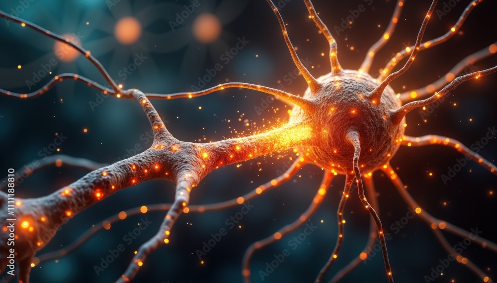 Poster Neuron cell activity shows electrical signals sending in brain. Microscopic view of nerve cell network. Synaptic connections glow with energy. Illustration neural communication. Brain activity