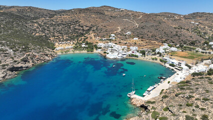 Aerial drone photo of famous and picturesque seaside fishing village and beach of Faros, featuring beaches of Fasolou and Vlycho, Sifnos island, Cyclades, Greece