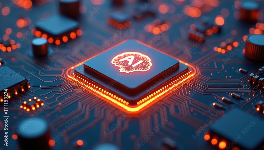 Poster ai chip on circuit board. modern tech in action. futuristic tech design. high-tech manufacturing con