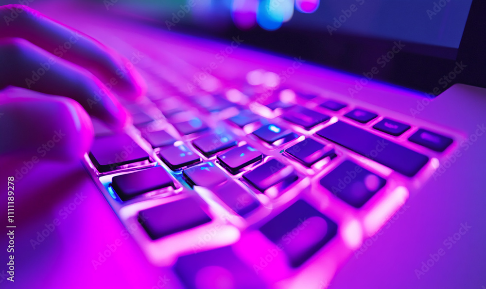 Poster close-up of a hand working on a laptop keyboard illuminated by vibrant purple and blue lights in a m