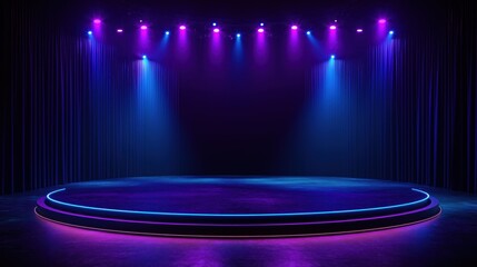 Empty dark stage with dark blue-purple backdrop. Neon lighting creates circular platform with vibrant purple, blue glow. Suitable for products events. Modern, vibrant design. Perfect for fashion,