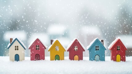 Fototapeta premium A colorful row of miniature houses dusted with snow, creating a charming winter scene with falling snowflakes in the background.