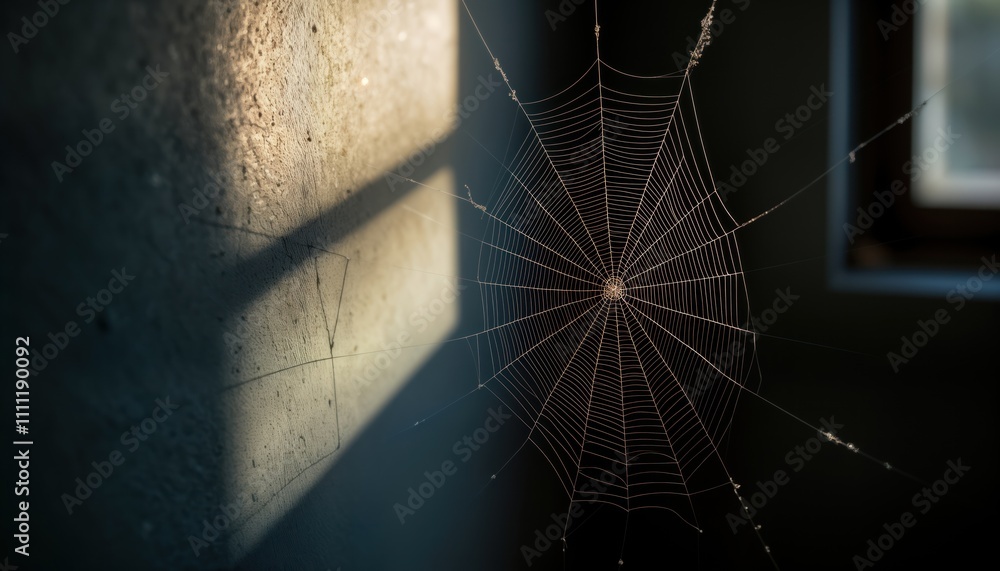 Aufkleber spider web casts shadow on aged wall. sunlight creates intricate pattern. grunge texture and details