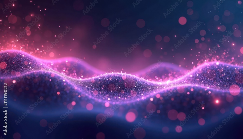 Poster purple, pink abstract particles flow in waves. glowing dots, sparkles create dynamic motion effect. 
