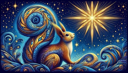 Fototapeta premium Dreamy Squirrel Under the Evening Star in an Enchanted Landscape