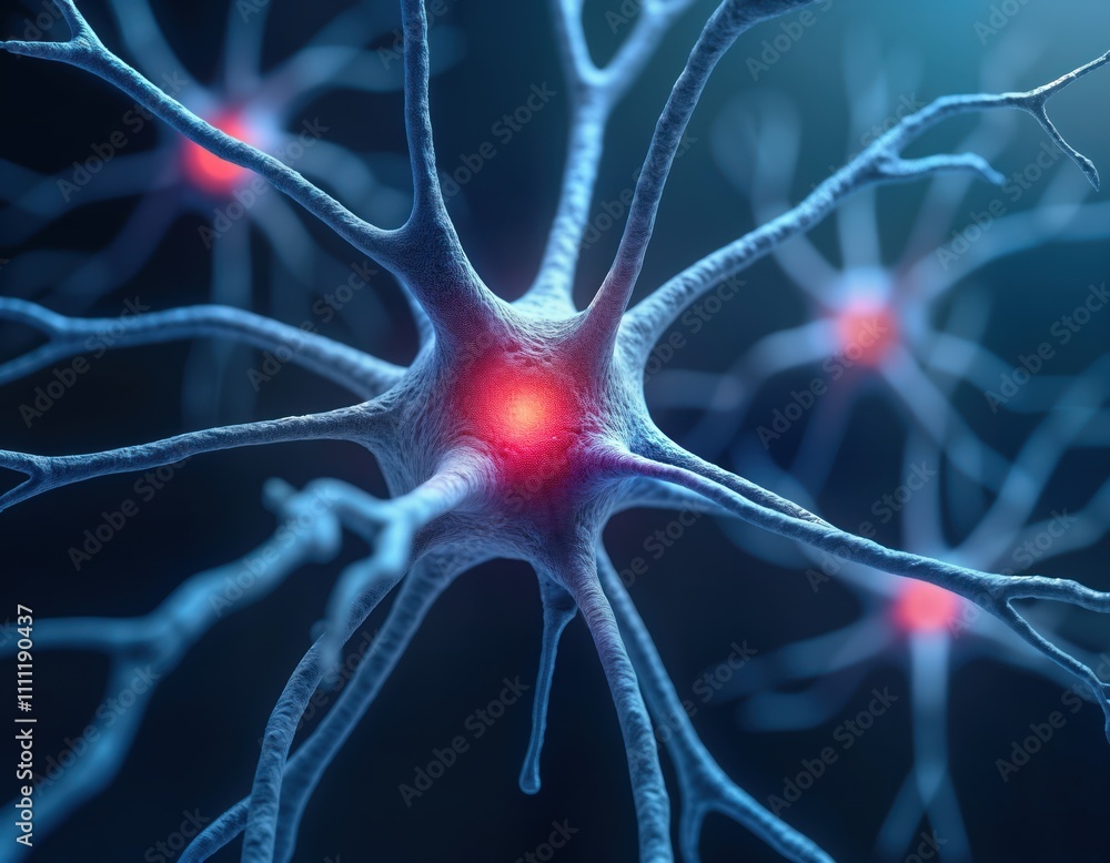 Poster Illustration of central nervous system node structures, multipolar neuron anatomy. Biological process of energy transmission, chemical signal through network of neuron node, connector.