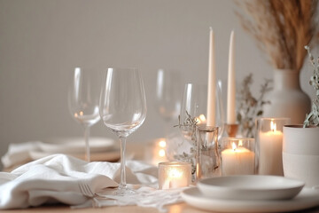 Dry January. Luxurious and elegant setting with empty wine glasses on a marble table. The scene conveys a sophisticated choice of sobriety and self-care with an emphasis on health and elegance.