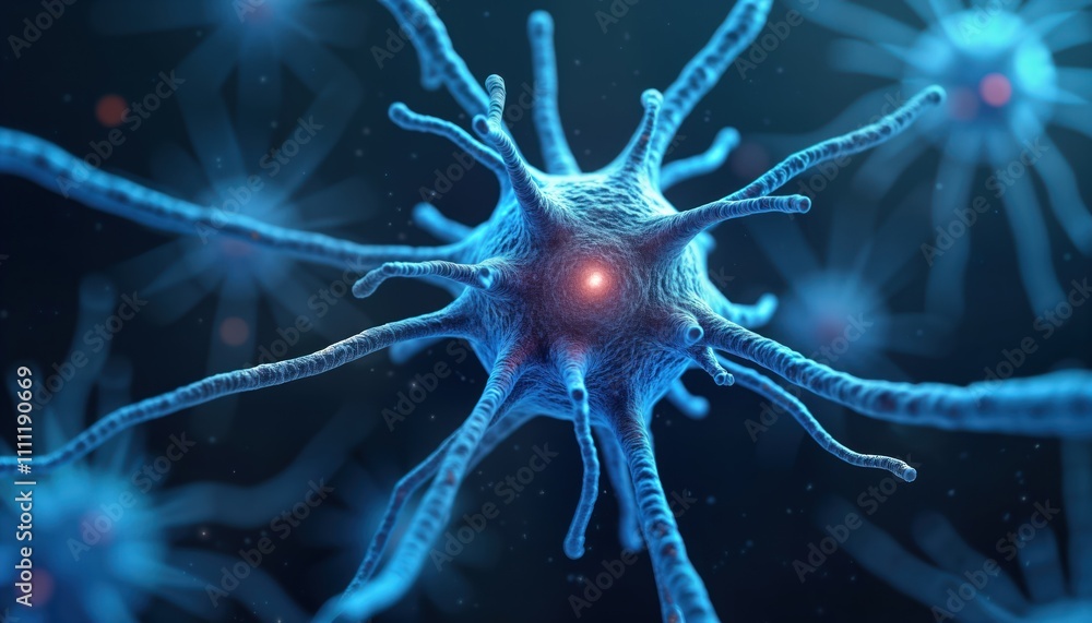 Poster Detailed 3D render of nerve cell. Microscopic view shows intricate structure of neuron. Neural network connections shown. Close-up soma and. Illustrates biological activity, complex signaling