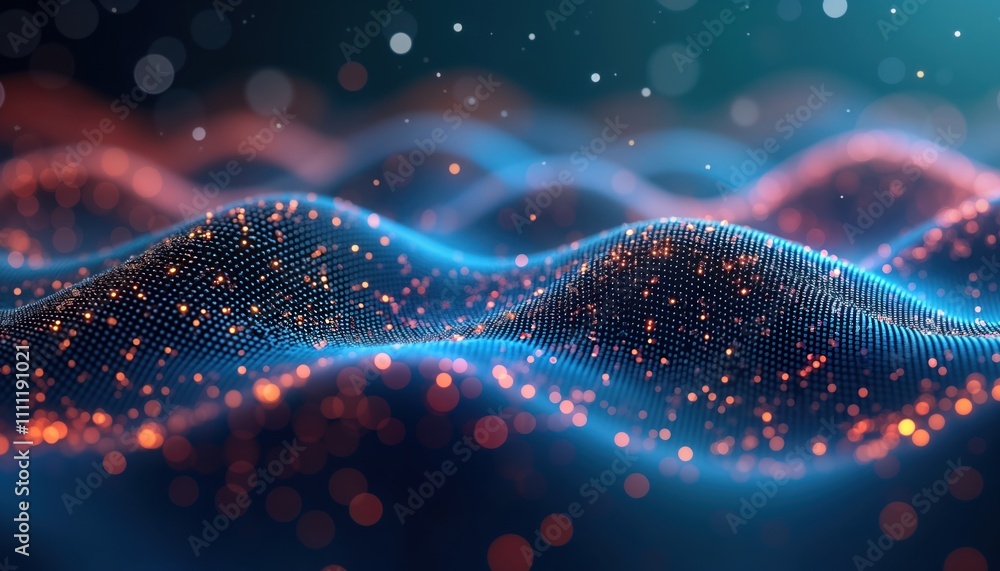 Poster Futuristic tech backdrop shows abstract wave of glowing data points. Digital network pattern creates dynamic visual effect. Modern design with deep field. Vibrant colors, glowing elements. Suggests