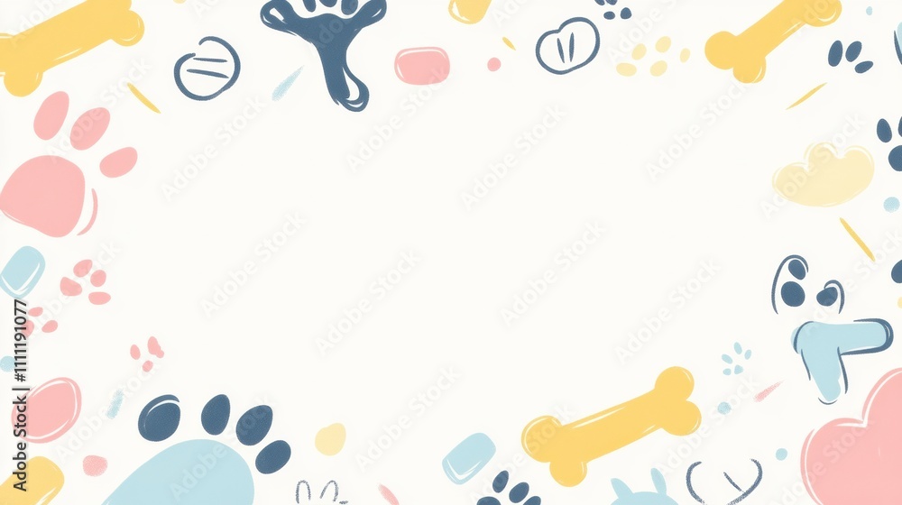 Poster a colorful and playful banner filled with dog toys, bones, and paw prints, providing empty space for