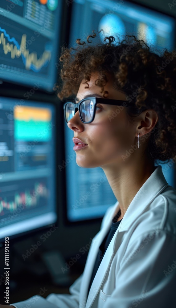 Poster young professional woman in office setting looks intently at multiple computer screens displaying da