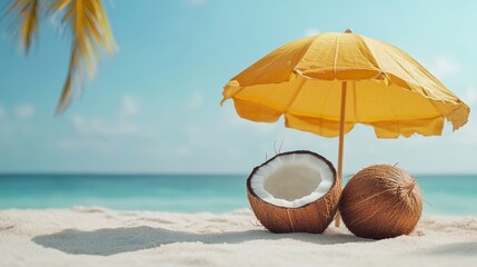A bright yellow umbrella provides shade on a sandy beach where two coconuts are resting. The calm sea glistens under a clear blue sky, creating a relaxing tropical atmosphere