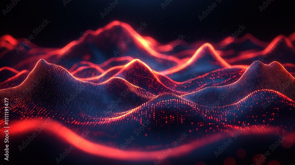 Poster Abstract image shows wavy mountain range. Red glowing particles form mountain peaks. Dark background enhances futuristic style. Tech style visualizes data digital landscape. Abstract tech art.