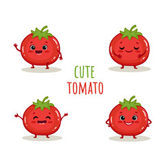 set of Cute cartoon tomatoes characters with emotions. Cute tomato with smile isolated on white background. Tomato in different poses. Funny cartoon vegetables for menu, cards. Vector illustration.