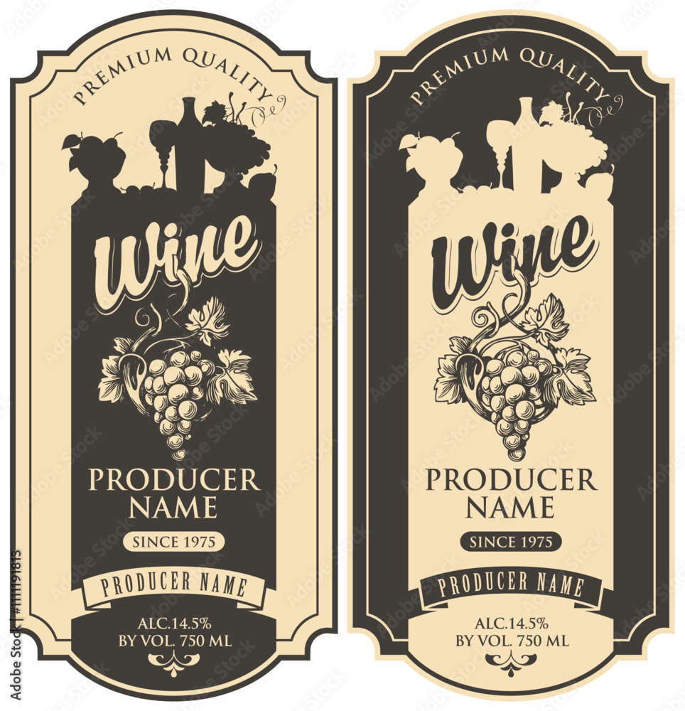 Poster set of vector wine labels with hand-drawn bunch of grapes and the silhouette of a still life in figu