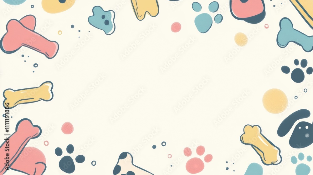 Poster colorful doodle design showcases dog toys, bones, and paw prints, creating a vibrant border with ple