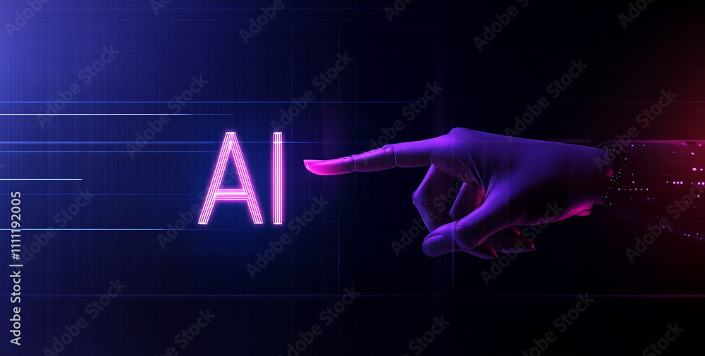 Poster Hand reaching towards glowing letters representing artificial intelligence in a futuristic digital environment