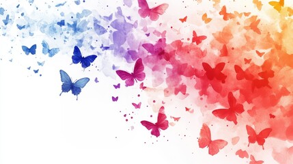 A colorful butterfly drawing with many butterflies of different colors and sizes