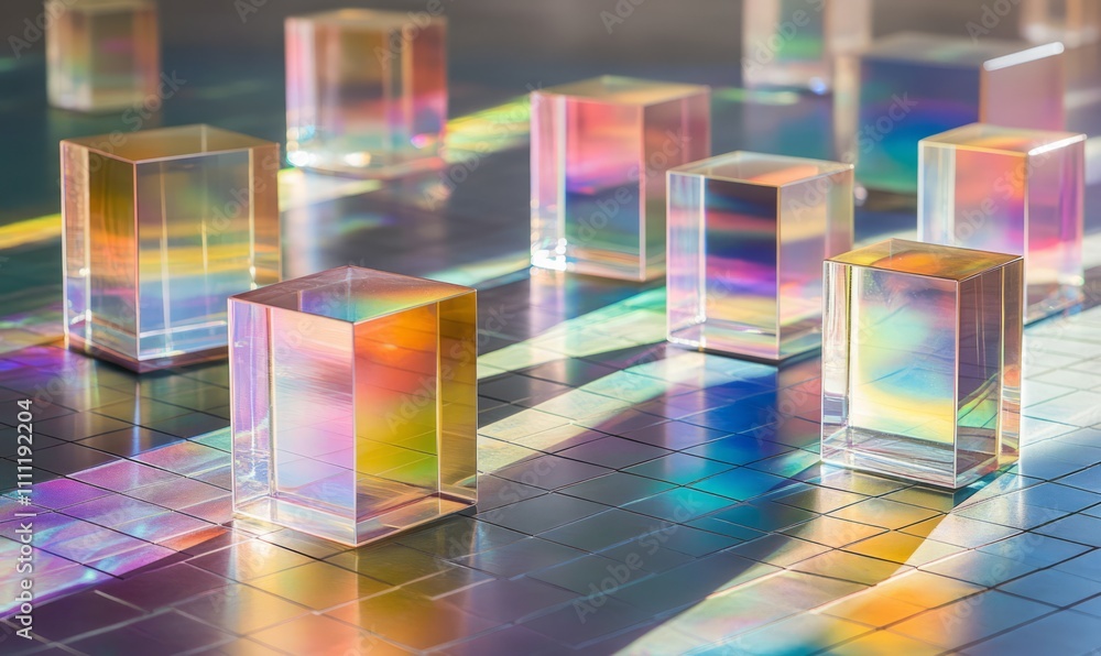 Poster a collection of colorful, transparent glass cubes arranged on a reflective grid surface, capturing a