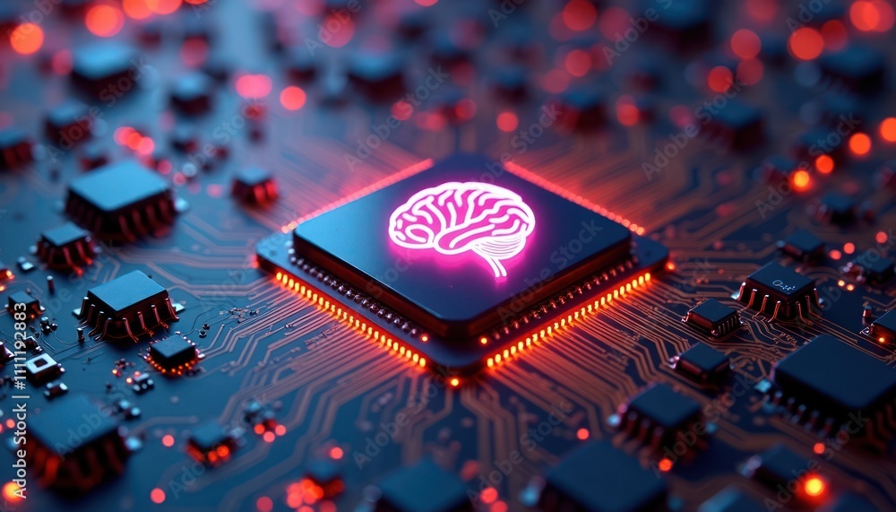 Poster close-up view of ai cpu chip on tech circuit board. modern cpu chip features glowing brain symbol. i