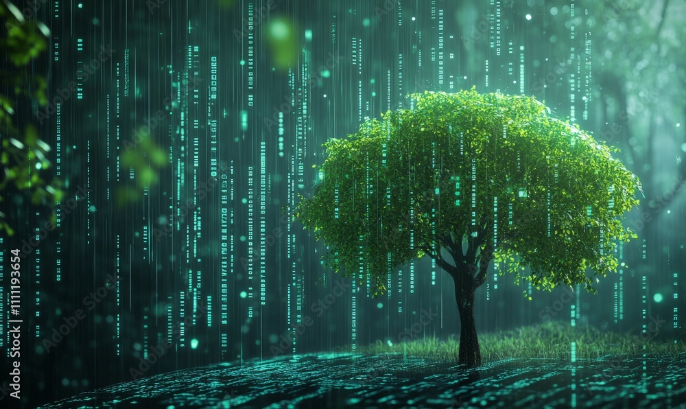 Poster a digital tree under an umbrella symbolizes protection and growth in a high-tech environment, blende