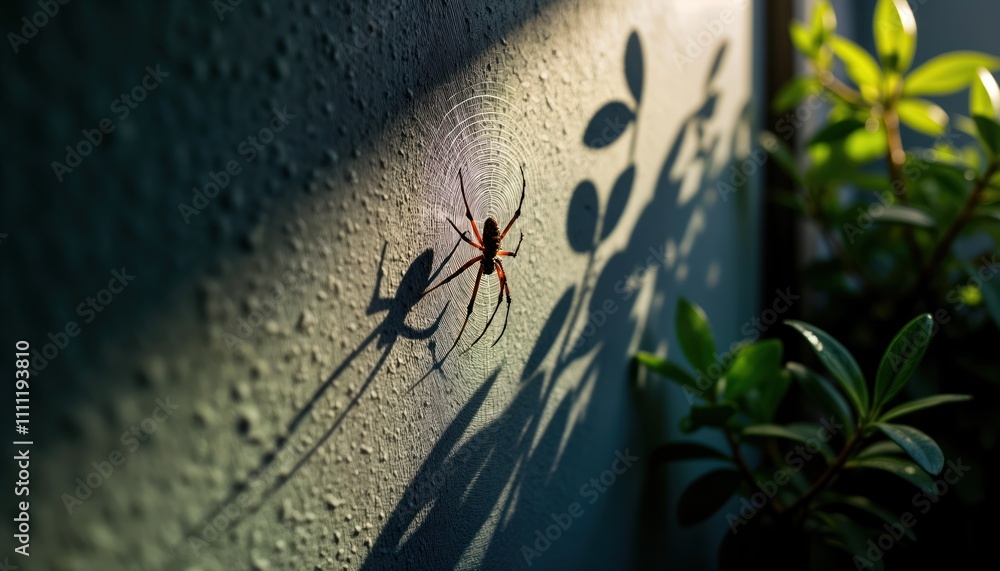 Poster Spider web shadow on textured wall. Sunlight casts intricate patterns. Spider sits in center of web. Plants in background. Natural element. Abstract design. Detailed shot. Vintage feel. Decorative