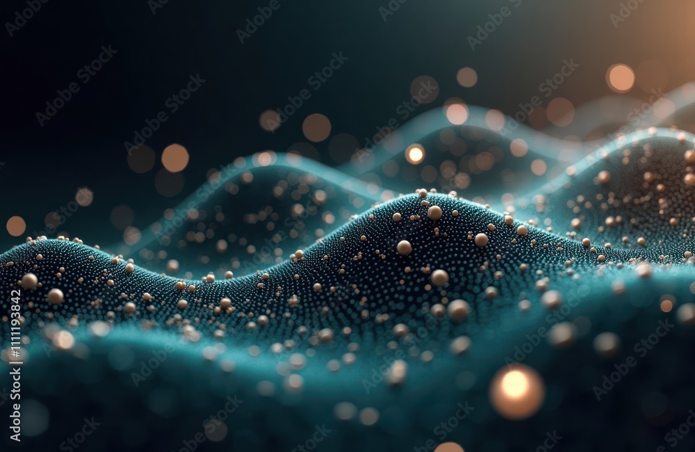 Poster abstract tech background with connected dots. dark teal waves formed by dynamic network of small cir