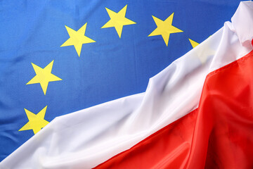 Flags of European Union and Poland, closeup