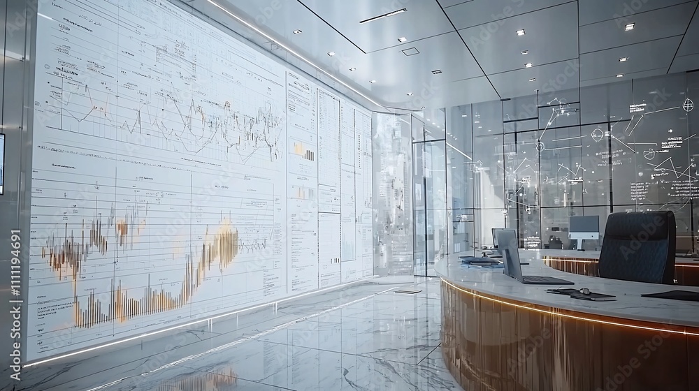 Poster modern office with interactive wall displays showing financial data.